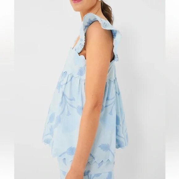 NWT JULIET DUNN Pale Blue Baby Doll Top with Bellflower Block Print Size 2 - Picture 5 of 6